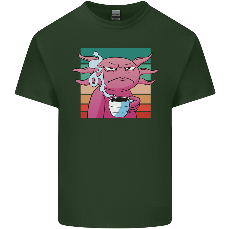 Grumpy Axolotl With Coffee Mens Cotton T-Shirt Tee Top Forest Green