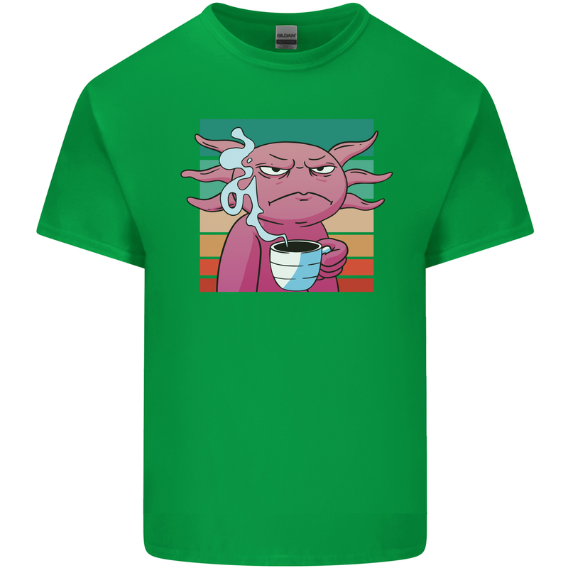 Grumpy Axolotl With Coffee Mens Cotton T-Shirt Tee Top Irish Green