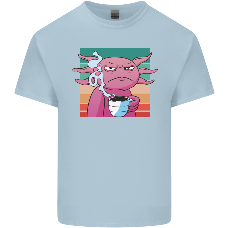 Grumpy Axolotl With Coffee Mens Cotton T-Shirt Tee Top Light Blue