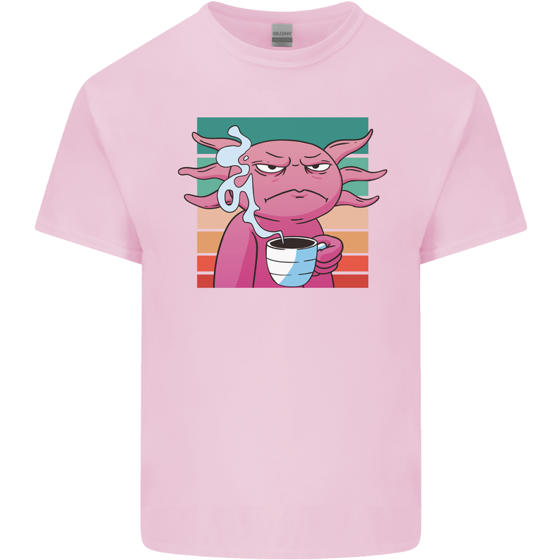 Grumpy Axolotl With Coffee Mens Cotton T-Shirt Tee Top Light Pink