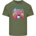 Grumpy Axolotl With Coffee Mens Cotton T-Shirt Tee Top Military Green