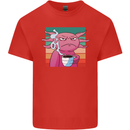 Grumpy Axolotl With Coffee Mens Cotton T-Shirt Tee Top Red