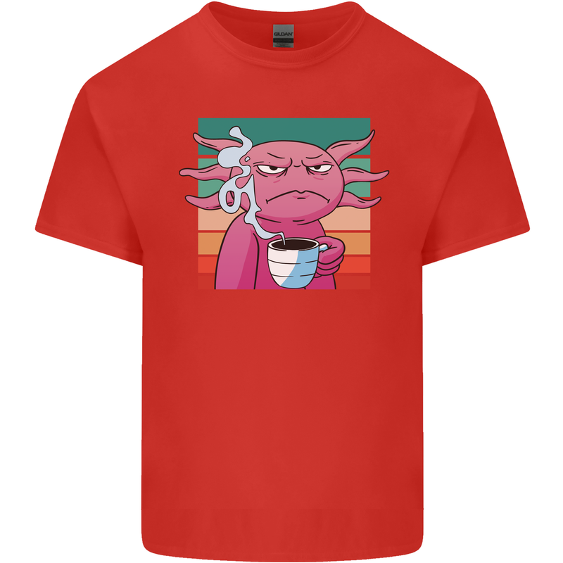 Grumpy Axolotl With Coffee Mens Cotton T-Shirt Tee Top Red