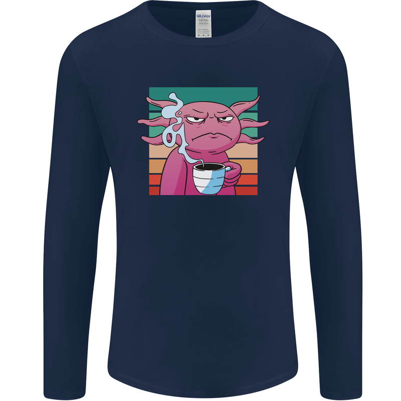 Grumpy Axolotl With Coffee Mens Long Sleeve T-Shirt Navy Blue