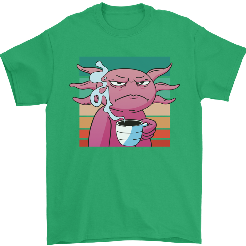 Grumpy Axolotl With Coffee Mens T-Shirt Cotton Gildan Irish Green