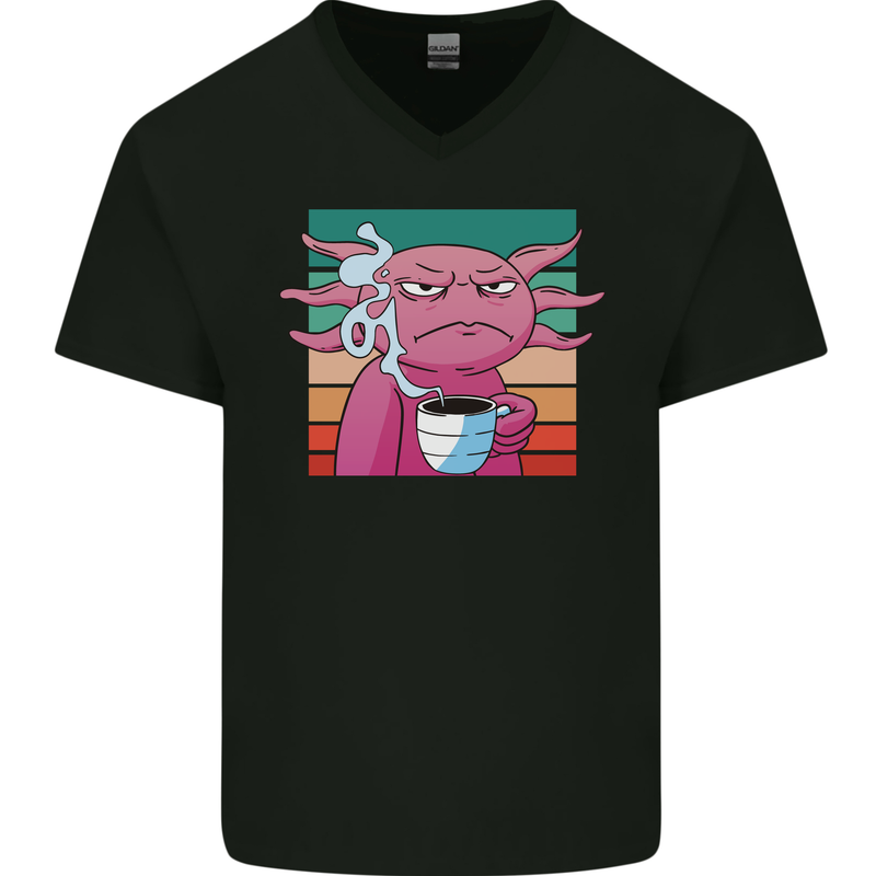 Grumpy Axolotl With Coffee Mens V-Neck Cotton T-Shirt Black