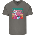 Grumpy Axolotl With Coffee Mens V-Neck Cotton T-Shirt Charcoal