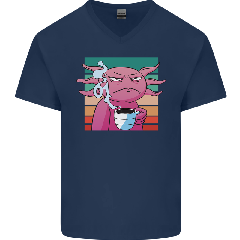 Grumpy Axolotl With Coffee Mens V-Neck Cotton T-Shirt Navy Blue