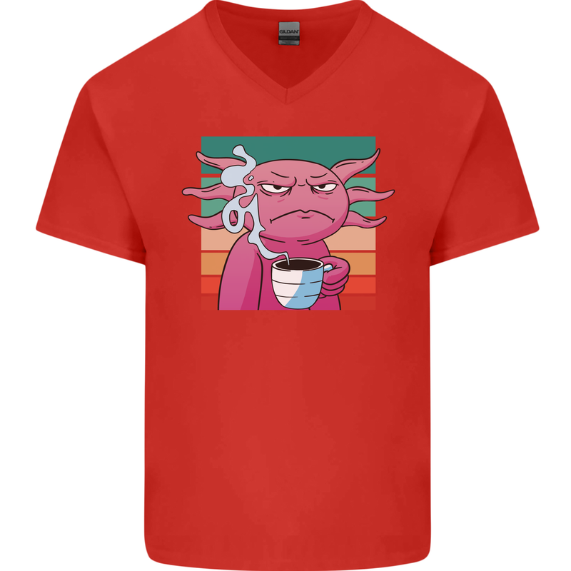 Grumpy Axolotl With Coffee Mens V-Neck Cotton T-Shirt Red