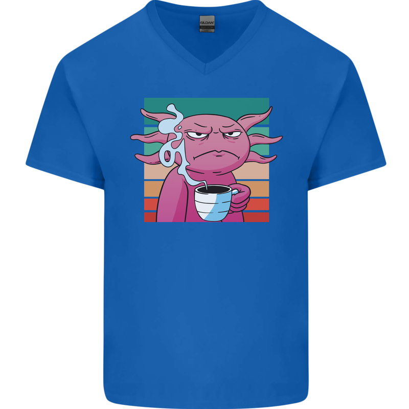 Grumpy Axolotl With Coffee Mens V-Neck Cotton T-Shirt Royal Blue
