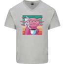 Grumpy Axolotl With Coffee Mens V-Neck Cotton T-Shirt Sports Grey