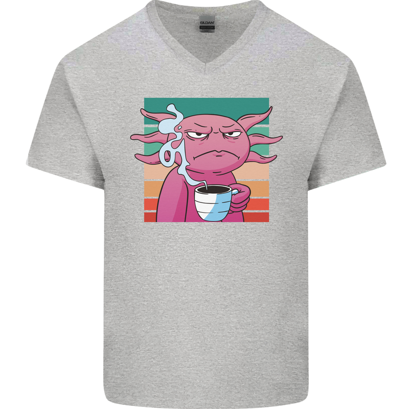 Grumpy Axolotl With Coffee Mens V-Neck Cotton T-Shirt Sports Grey