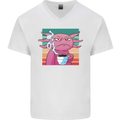 Grumpy Axolotl With Coffee Mens V-Neck Cotton T-Shirt White