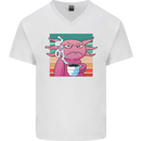 Grumpy Axolotl With Coffee Mens V-Neck Cotton T-Shirt White