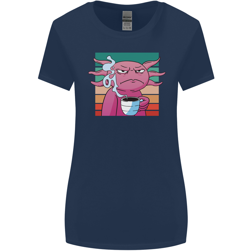 Grumpy Axolotl With Coffee Womens Wider Cut T-Shirt Navy Blue
