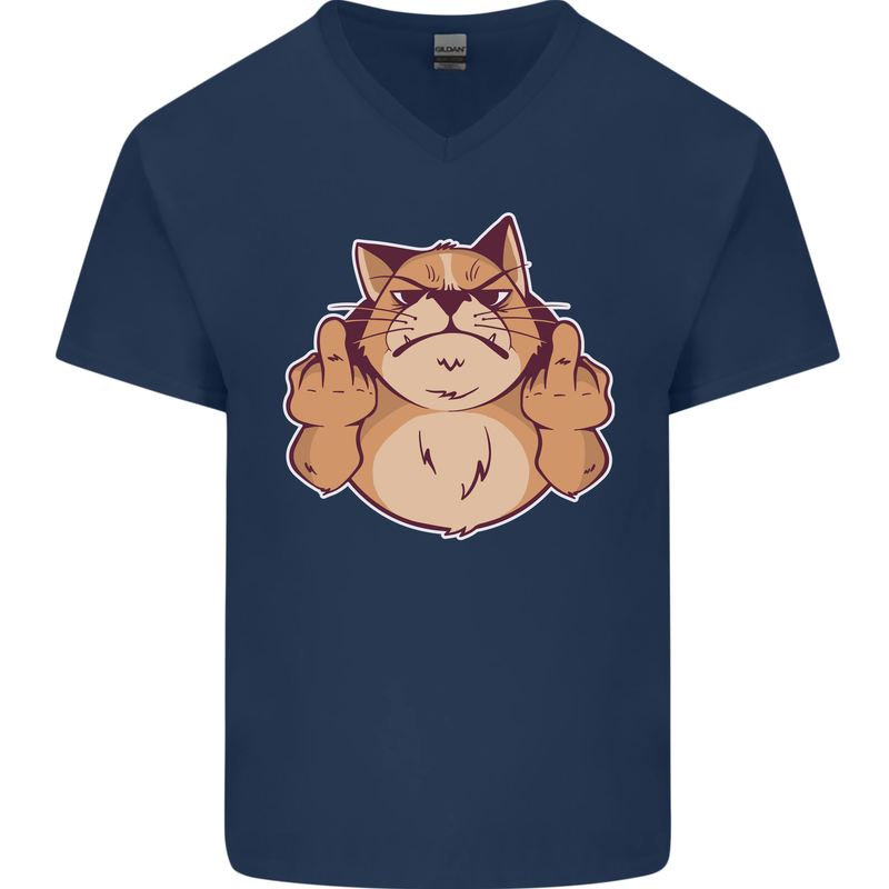 Grumpy Cat Finger Flip Offensive Funny Mens V-Neck Cotton T-Shirt Navy Blue