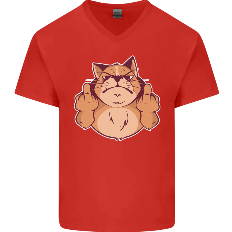 Grumpy Cat Finger Flip Offensive Funny Mens V-Neck Cotton T-Shirt Red