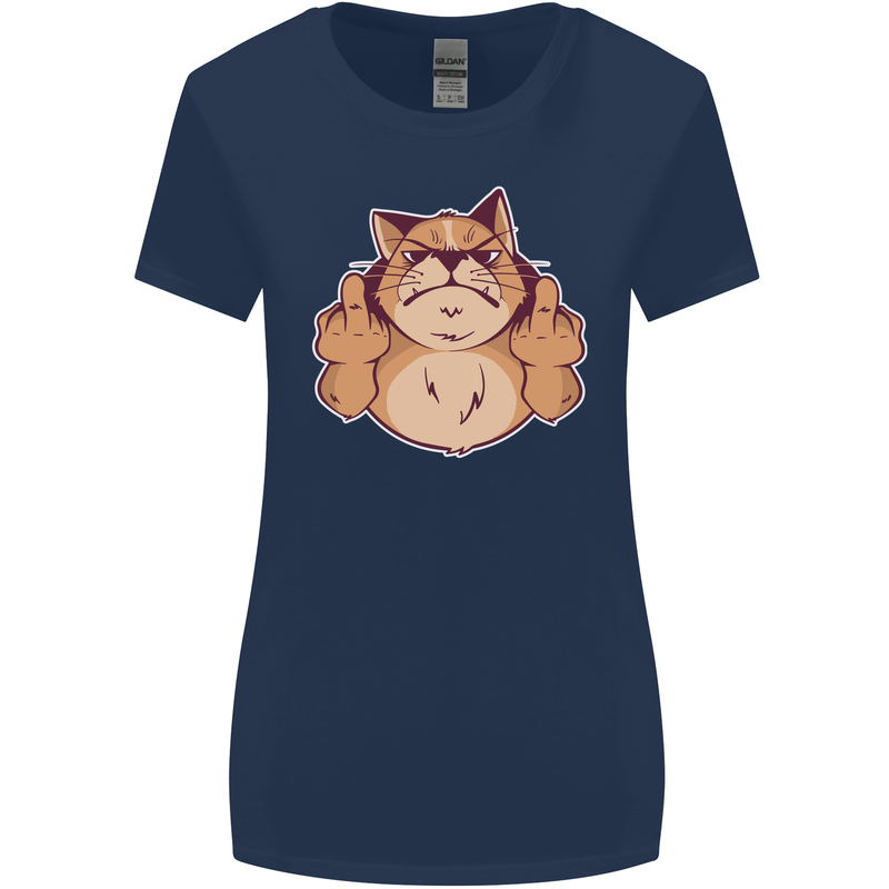 Grumpy Cat Finger Flip Offensive Funny Womens Wider Cut T-Shirt Navy Blue