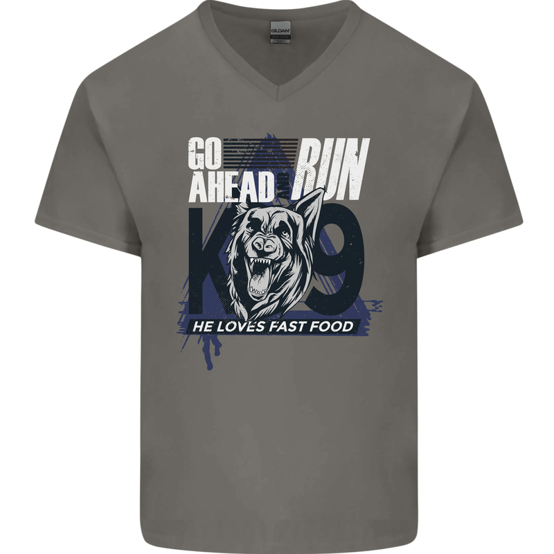 Guard Dog German Shepherd Fast Food Mens V-Neck Cotton T-Shirt Charcoal