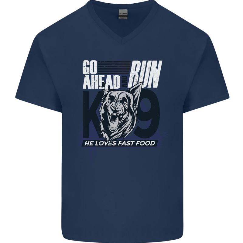 Guard Dog German Shepherd Fast Food Mens V-Neck Cotton T-Shirt Navy Blue
