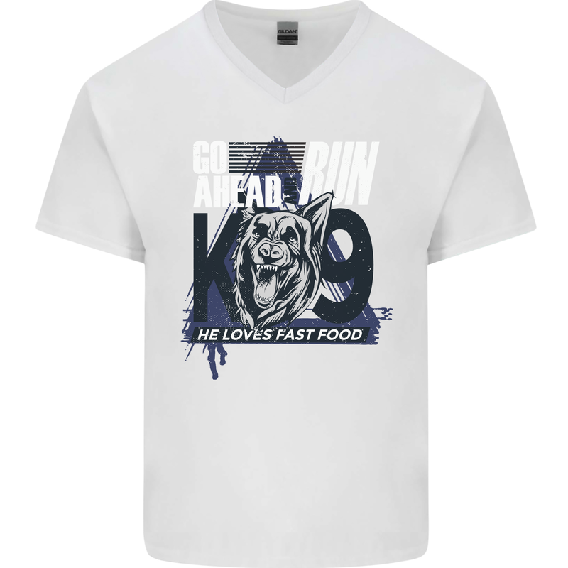 Guard Dog German Shepherd Fast Food Mens V-Neck Cotton T-Shirt White