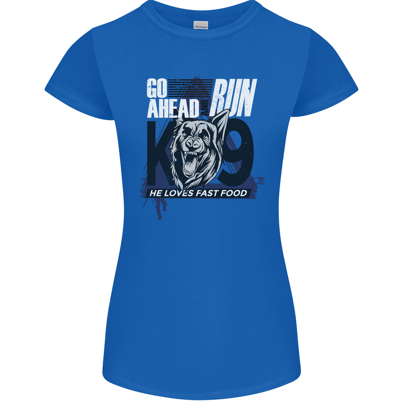 Guard Dog German Shepherd Fast Food Womens Petite Cut T-Shirt Royal Blue