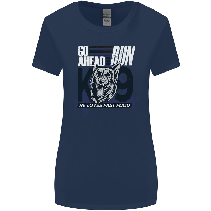 Guard Dog German Shepherd Fast Food Womens Wider Cut T-Shirt Navy Blue