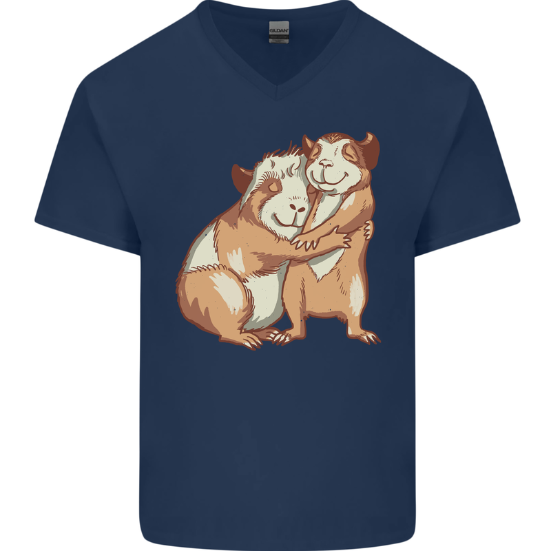 Guinea Pigs Hugging Mens V-Neck Cotton T-Shirt Navy Blue