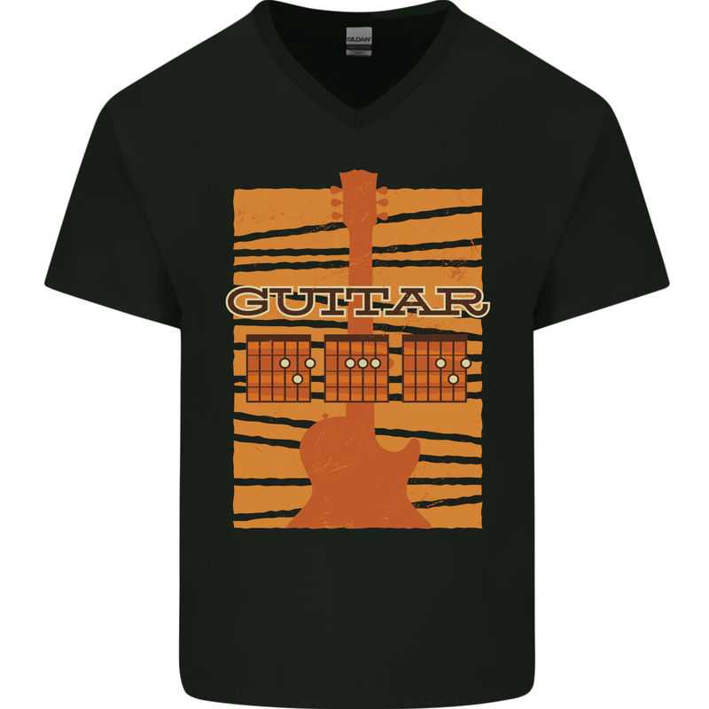 Guitar Bass Electric Acoustic Player Music Mens V-Neck Cotton T-Shirt Black