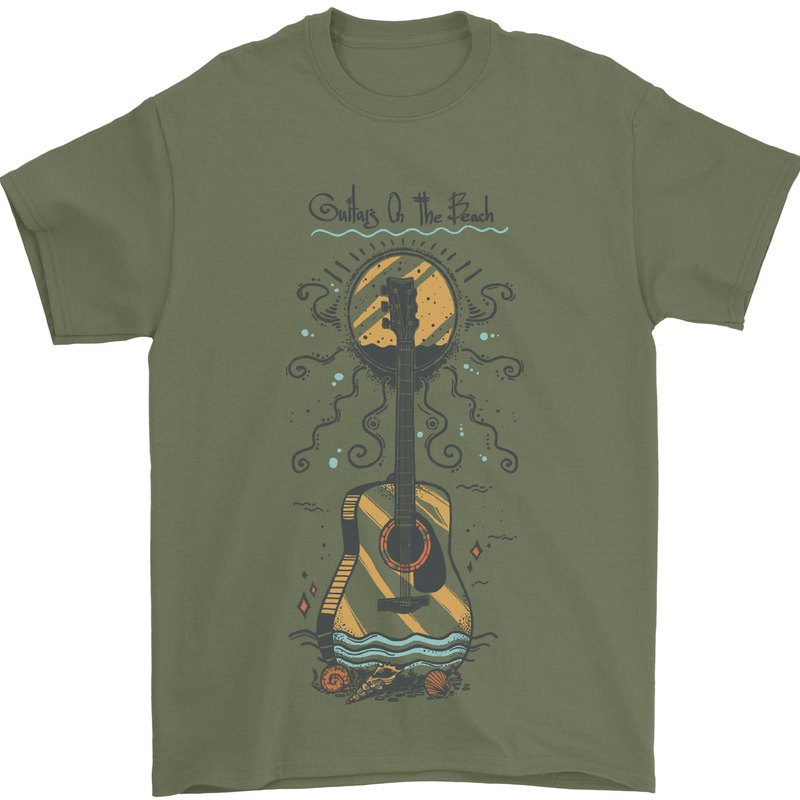 Guitar Beach Acoustic Holiday Surfing Music Mens T-Shirt Cotton Gildan Military Green