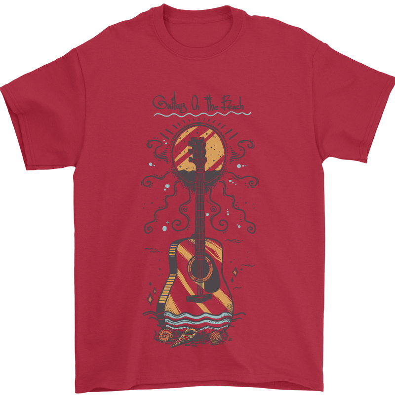 Guitar Beach Acoustic Holiday Surfing Music Mens T-Shirt Cotton Gildan Red