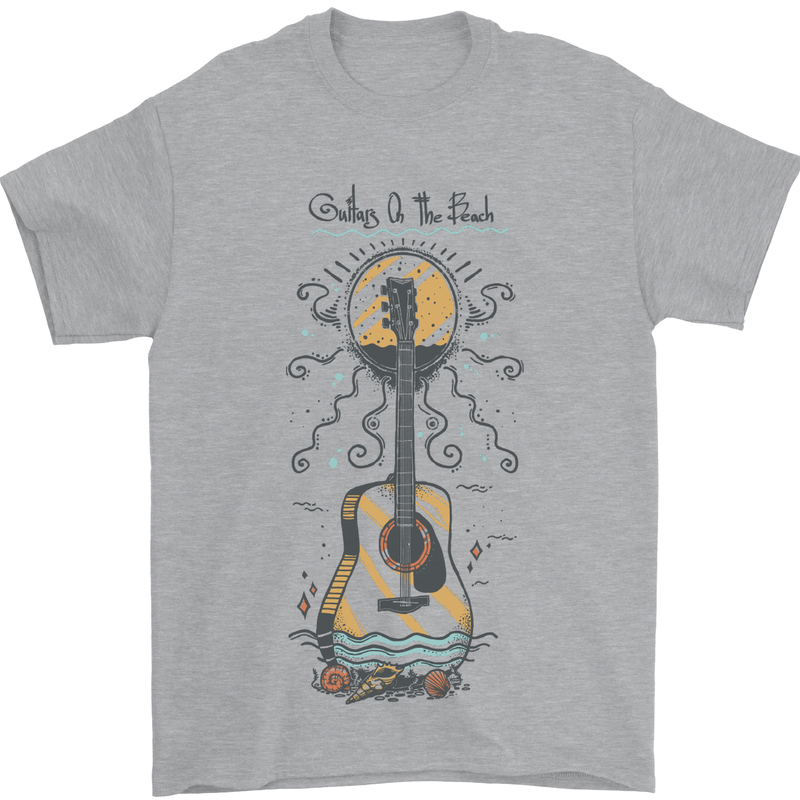 Guitar Beach Acoustic Holiday Surfing Music Mens T-Shirt Cotton Gildan Sports Grey