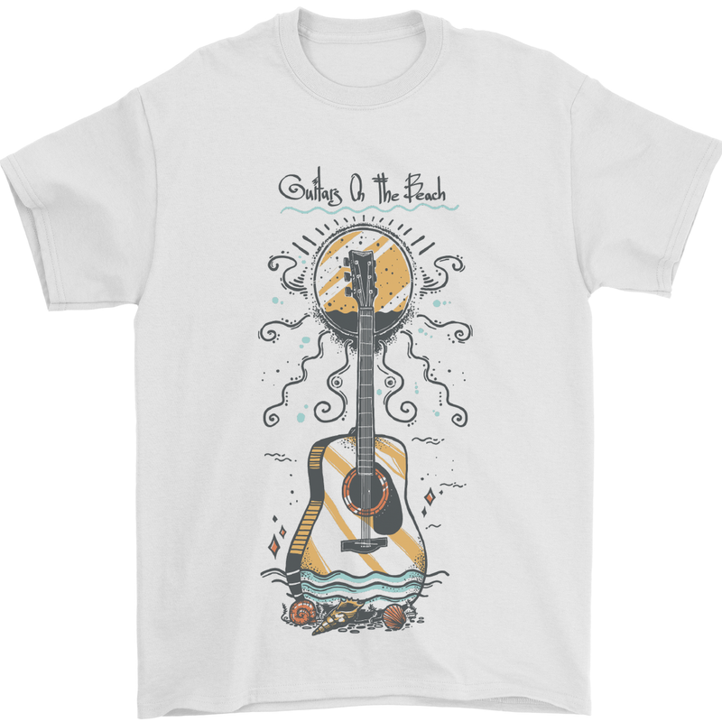 Guitar Beach Acoustic Holiday Surfing Music Mens T-Shirt Cotton Gildan White