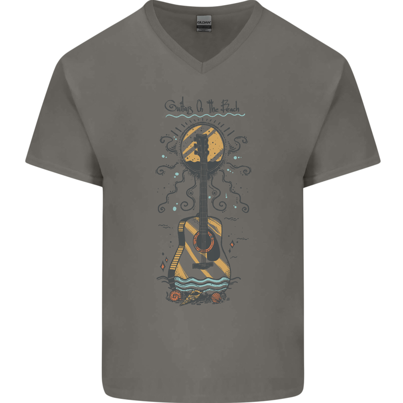 Guitar Beach Acoustic Holiday Surfing Music Mens V-Neck Cotton T-Shirt Charcoal