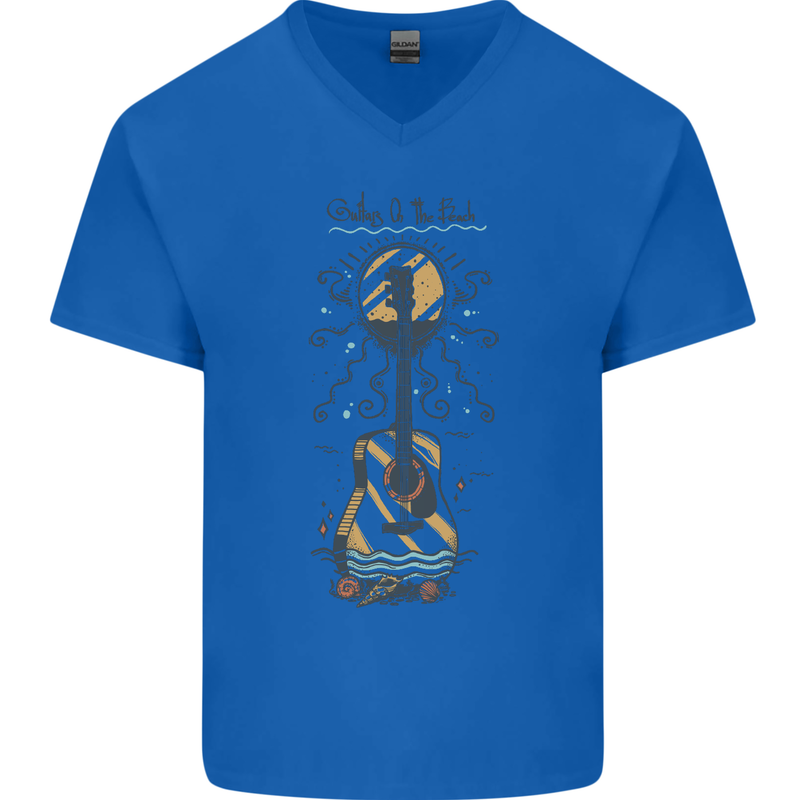 Guitar Beach Acoustic Holiday Surfing Music Mens V-Neck Cotton T-Shirt Royal Blue