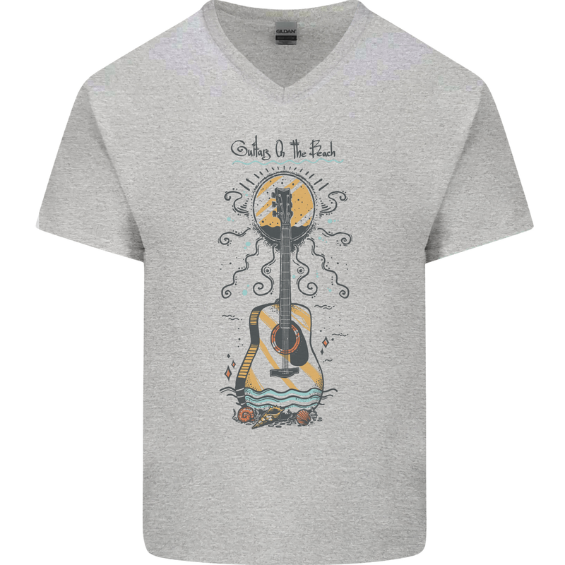 Guitar Beach Acoustic Holiday Surfing Music Mens V-Neck Cotton T-Shirt Sports Grey