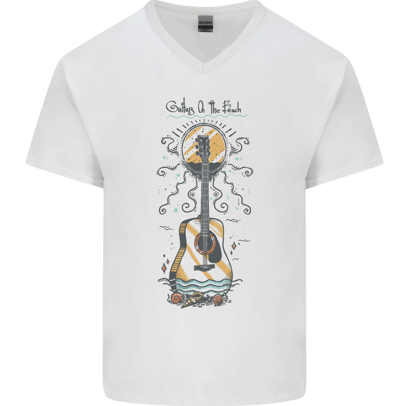 Guitar Beach Acoustic Holiday Surfing Music Mens V-Neck Cotton T-Shirt White