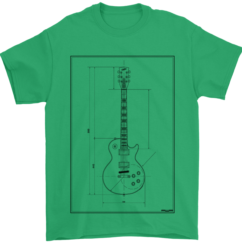 Guitar Blueprint Guitarist Electric Mens T-Shirt 100% Cotton Irish Green