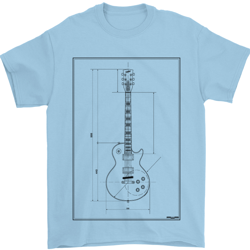 Guitar Blueprint Guitarist Electric Mens T-Shirt 100% Cotton Light Blue