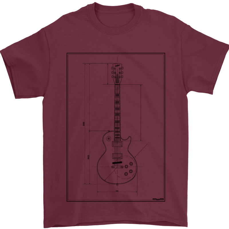 Guitar Blueprint Guitarist Electric Mens T-Shirt 100% Cotton Maroon