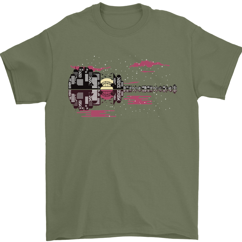 Guitar City Guitarist Bass Acoustic Bass Mens T-Shirt Cotton Gildan Military Green