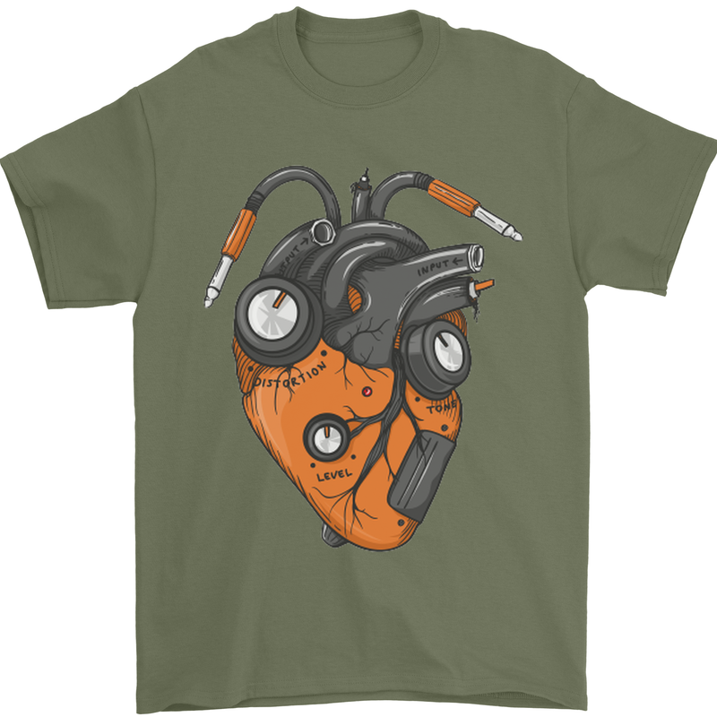 Guitar Heart Guitarist Acoustic Electric Mens T-Shirt Cotton Gildan Military Green