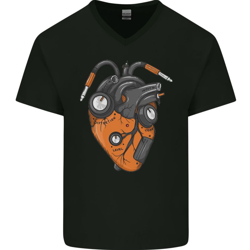 Guitar Heart Guitarist Acoustic Electric Mens V-Neck Cotton T-Shirt Black