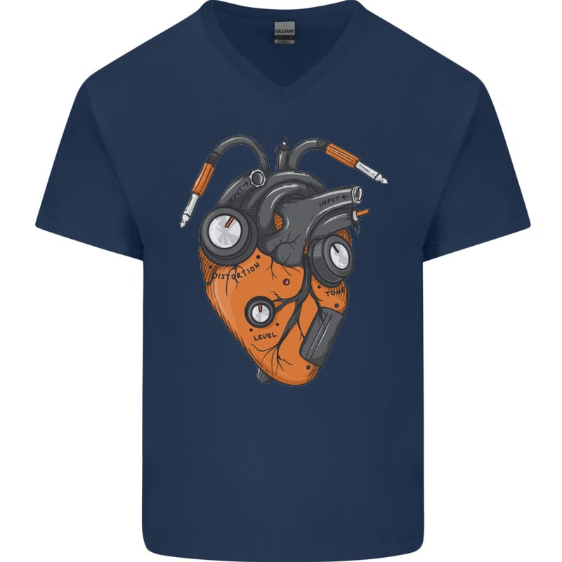 Guitar Heart Guitarist Acoustic Electric Mens V-Neck Cotton T-Shirt Navy Blue