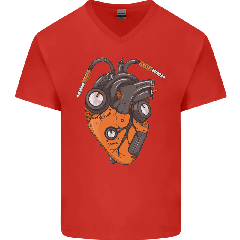 Guitar Heart Guitarist Acoustic Electric Mens V-Neck Cotton T-Shirt Red