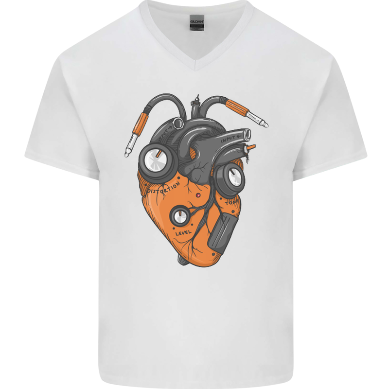 Guitar Heart Guitarist Acoustic Electric Mens V-Neck Cotton T-Shirt White