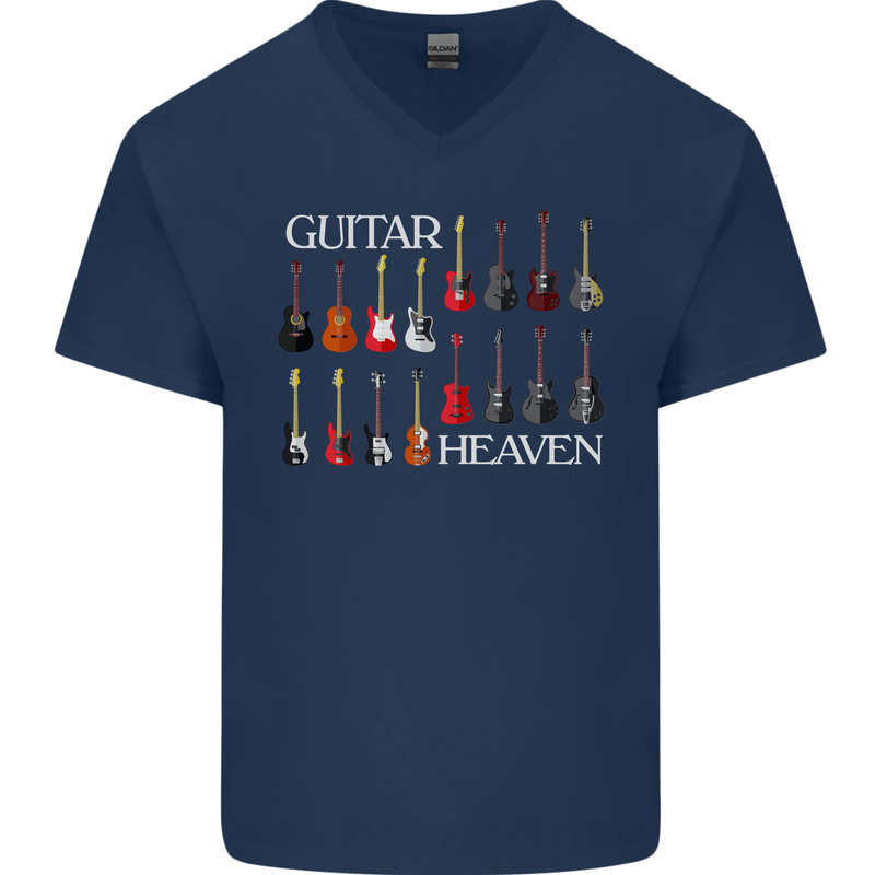 Guitar Heaven Collection Guitarist Acoustic Mens V-Neck Cotton T-Shirt Navy Blue