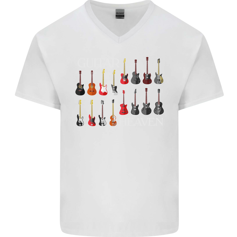 Guitar Heaven Collection Guitarist Acoustic Mens V-Neck Cotton T-Shirt White