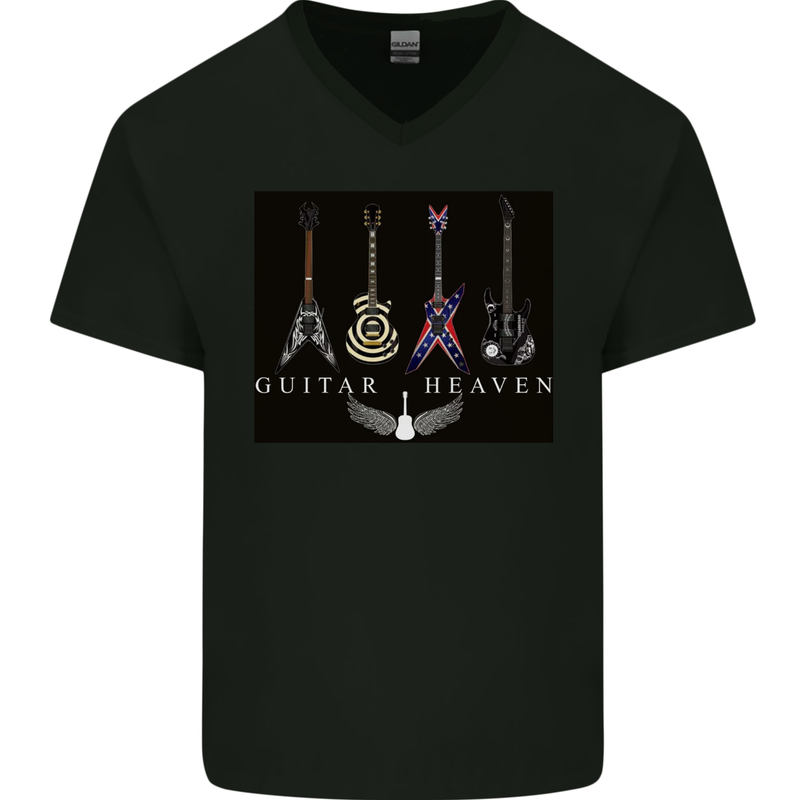 Guitar Heaven Guitarist Electric Acoustic Mens V-Neck Cotton T-Shirt Black