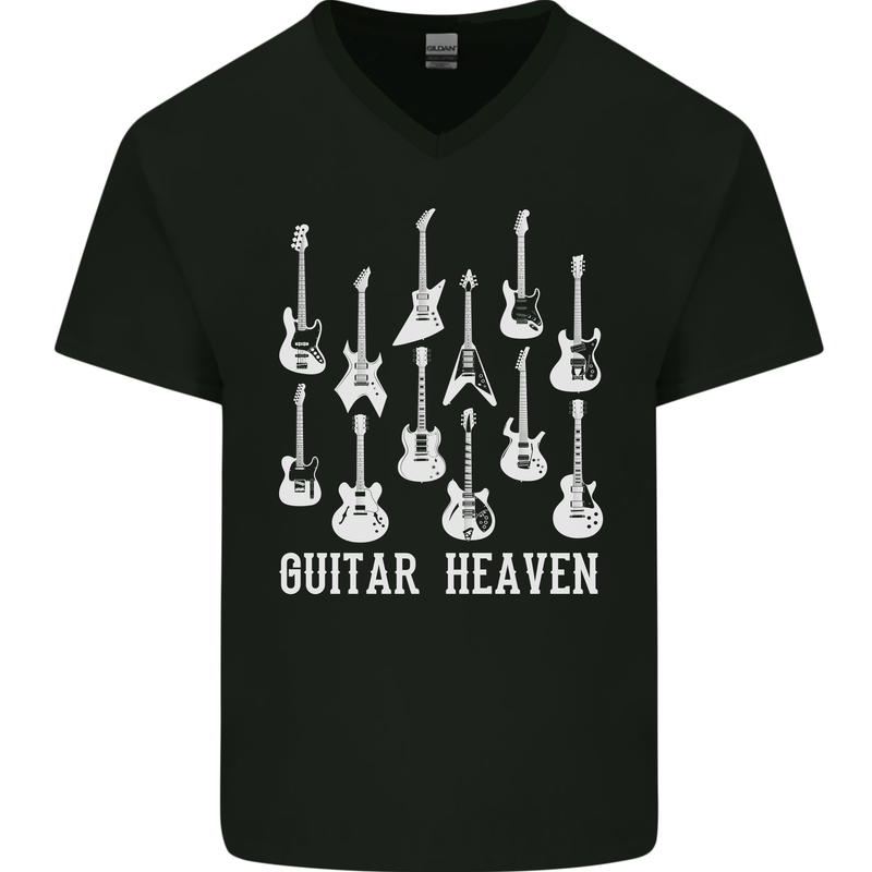 Guitar Heaven Guitarist Electric Acoustic Mens V-Neck Cotton T-Shirt Black